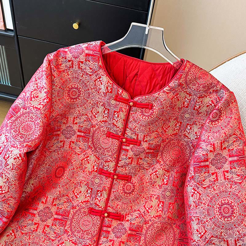Buddha Stones Damen-Jacke mit Jacquard-Muster, symmetrischem Blumenmuster, langen Ärmeln und Taschen - image 3