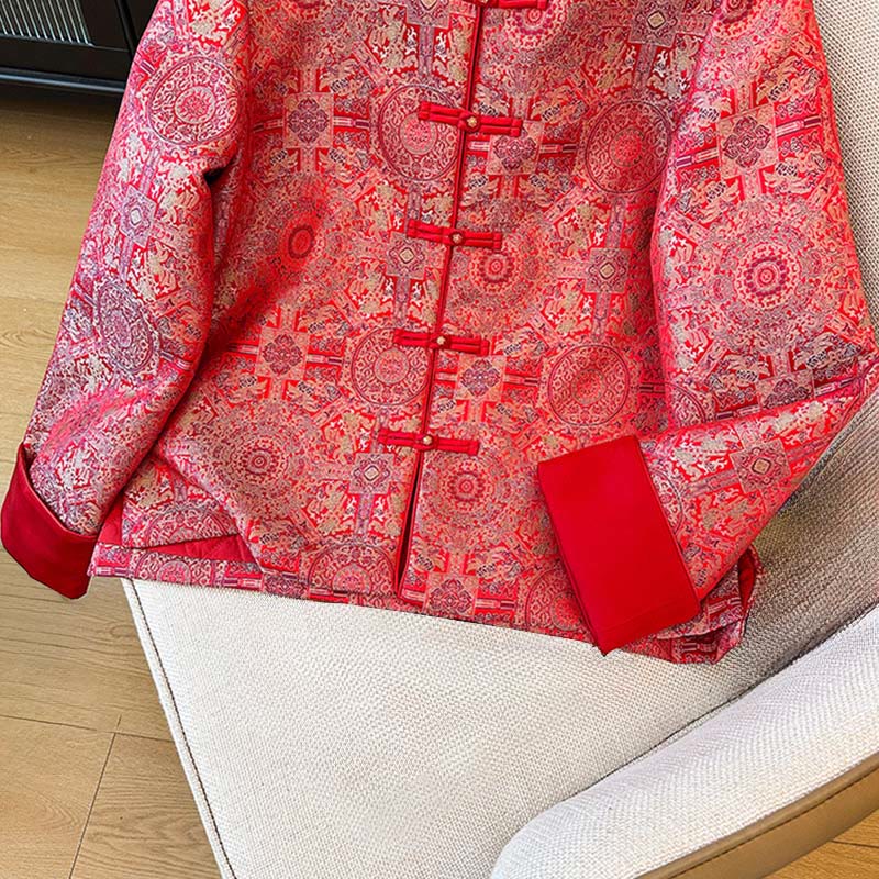 Buddha Stones Damen-Jacke mit Jacquard-Muster, symmetrischem Blumenmuster, langen Ärmeln und Taschen - image 8