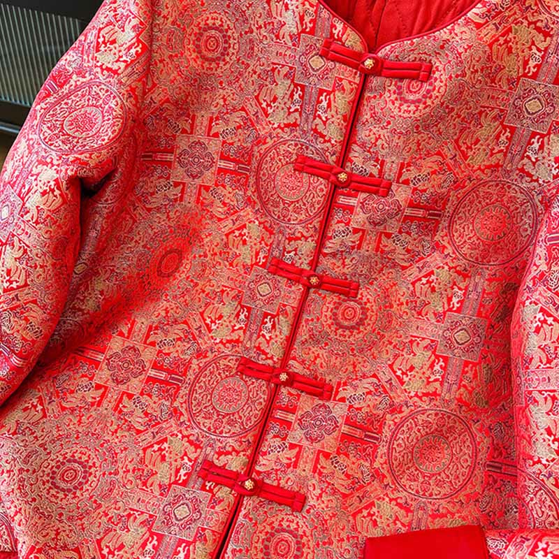 Buddha Stones Damen-Jacke mit Jacquard-Muster, symmetrischem Blumenmuster, langen Ärmeln und Taschen - image 7