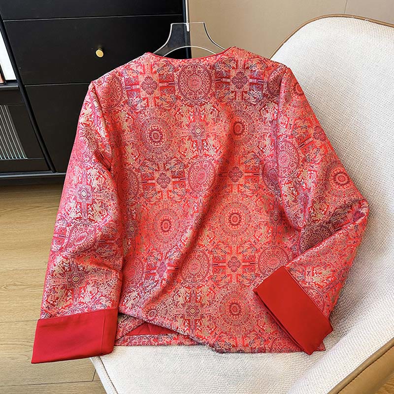 Buddha Stones Damen-Jacke mit Jacquard-Muster, symmetrischem Blumenmuster, langen Ärmeln und Taschen - image 2