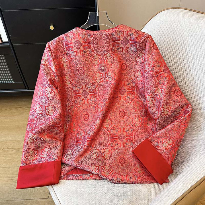 Buddha Stones Damen-Jacke mit Jacquard-Muster, symmetrischem Blumenmuster, langen Ärmeln und Taschen - image 2