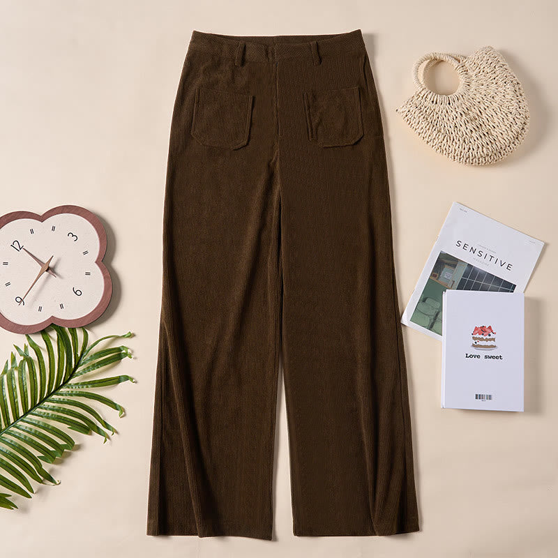 Buddha Stones Damenhose aus schlichtem Cord-Polyester mit weitem Bein und Knöpfen und Taschen - image 1