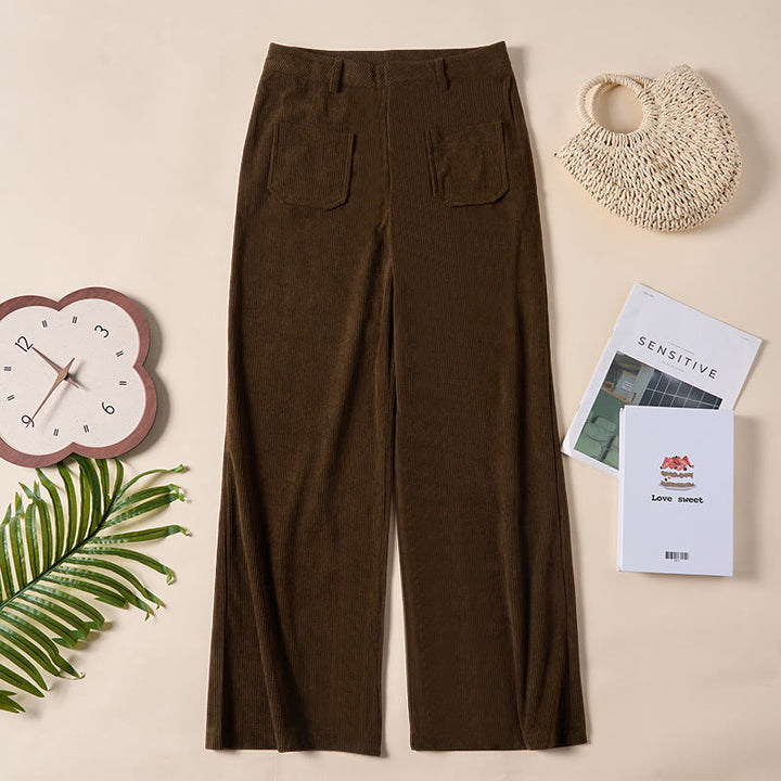 Buddha Stones Damenhose aus schlichtem Cord-Polyester mit weitem Bein und Knöpfen und Taschen - image 1