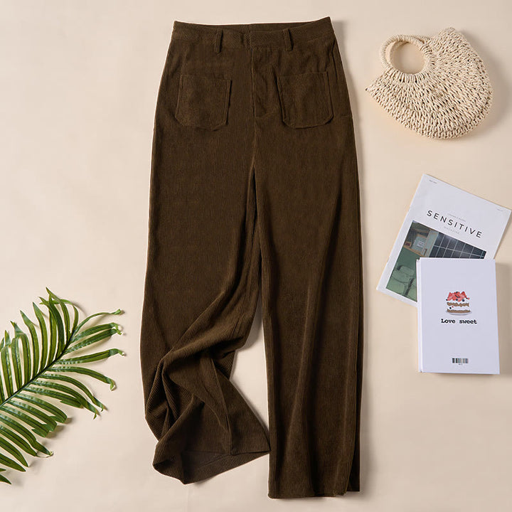 Buddha Stones Damenhose aus schlichtem Cord-Polyester mit weitem Bein und Knöpfen und Taschen - Sattelbraun - US14, UK/AU18, EU46 (2XL) - image 0