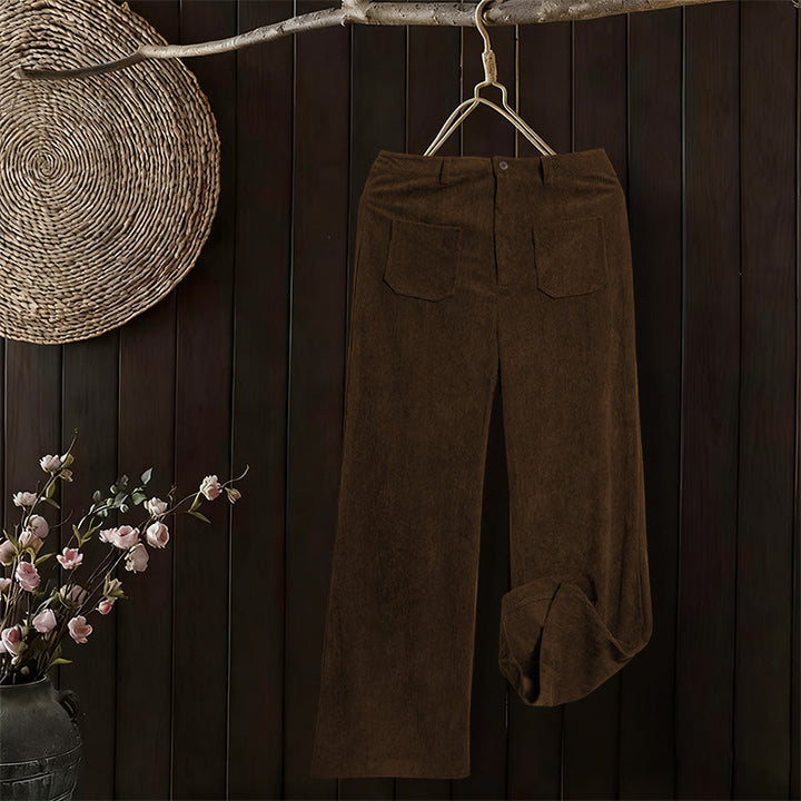 Buddha Stones Damenhose aus schlichtem Cord-Polyester mit weitem Bein und Knöpfen und Taschen - image 4