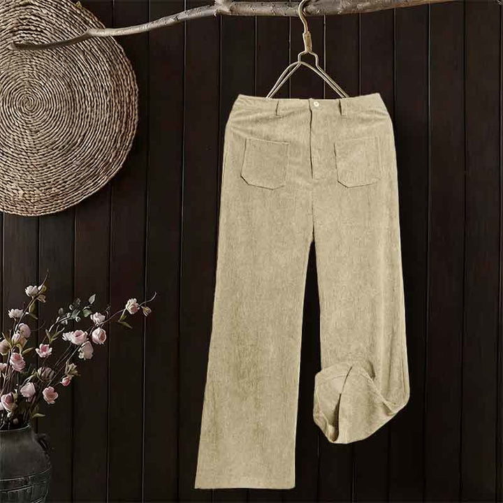 Buddha Stones Damenhose aus schlichtem Cord-Polyester mit weitem Bein und Knöpfen und Taschen - image 12