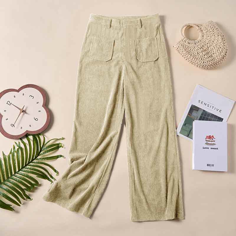 Buddha Stones Damenhose aus schlichtem Cord-Polyester mit weitem Bein und Knöpfen und Taschen - image 13