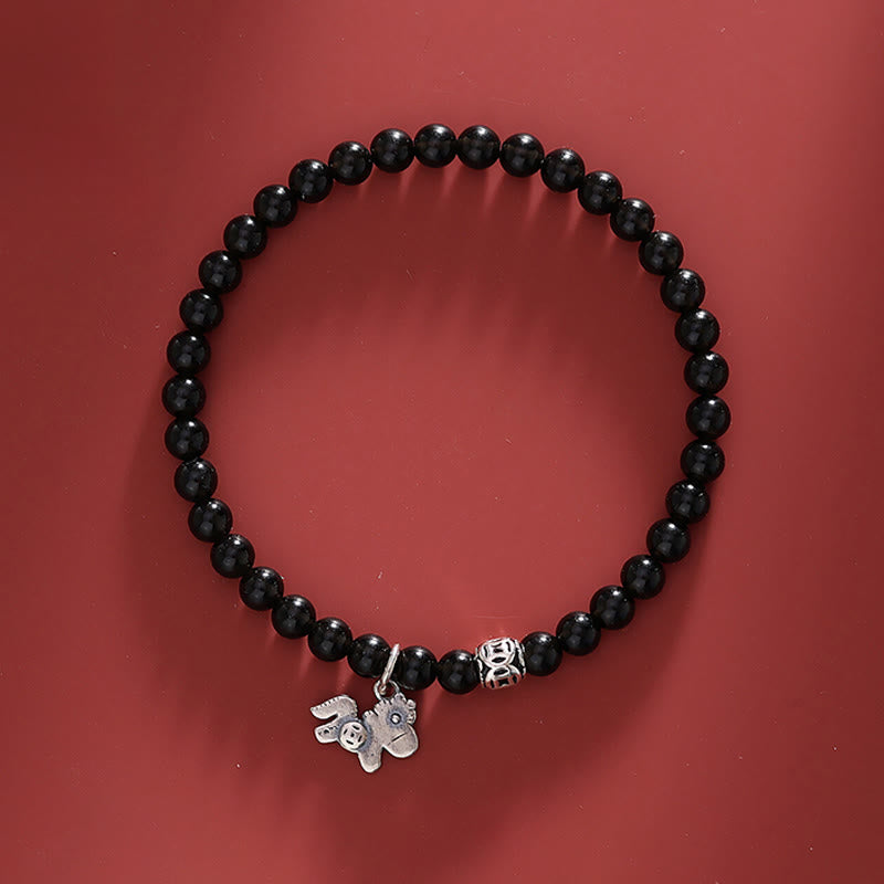 Buddha Stones ​​– Jahr des Pferdes – Armband aus 925er Sterlingsilber und natürlichem schwarzem Obsidian - Pferd, 925er Sterlingsilber und schwarzer Obsidian (Handgelenkumfang 16-17 cm) - image 0