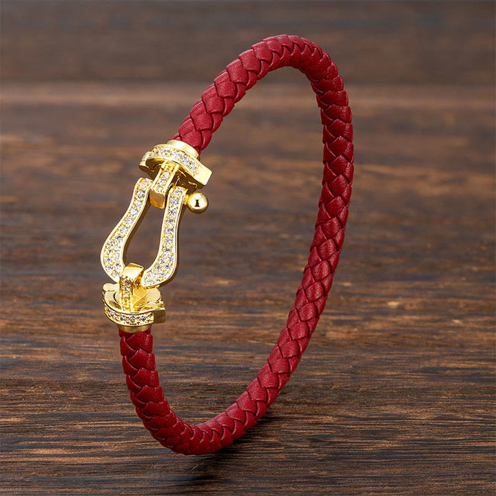 Buddha Stones ​​Kupfer Balance hufeisenförmiges Zirkon-Lederarmband mit Schnalle - Goldene Schnalle & rotes Leder - 23 cm - image 0