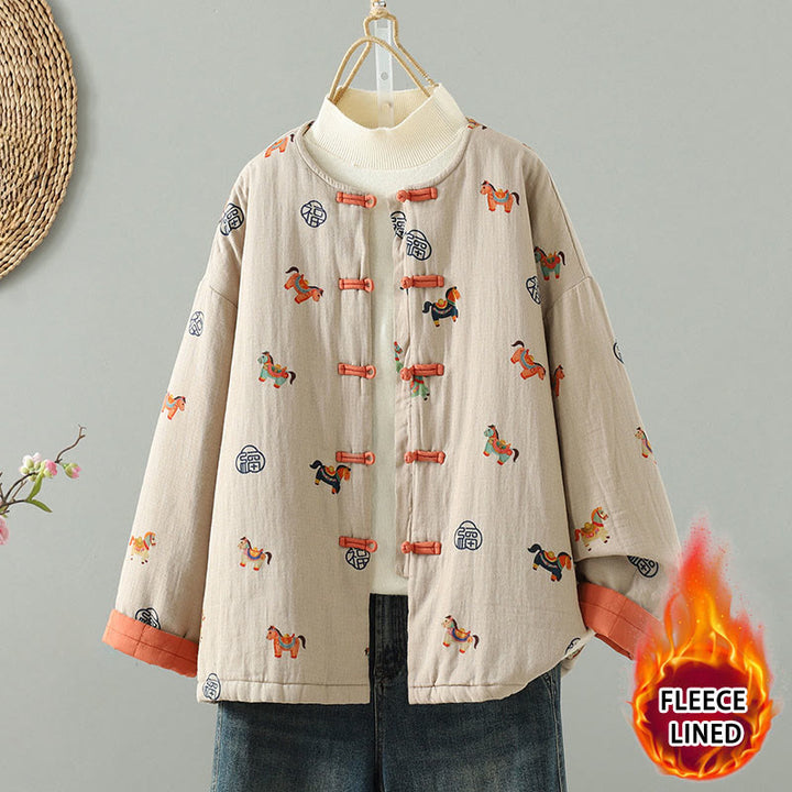 Damen-Baumwolljacke mit langen Ärmeln, dicker Verarbeitung, Buddha Stones -Pferd-Fu-Motiv, Froschknopf-Design - Papaya-Sahne - US 8-10, UK/AU 12-14, EU 40-42 (2XL) - image 0