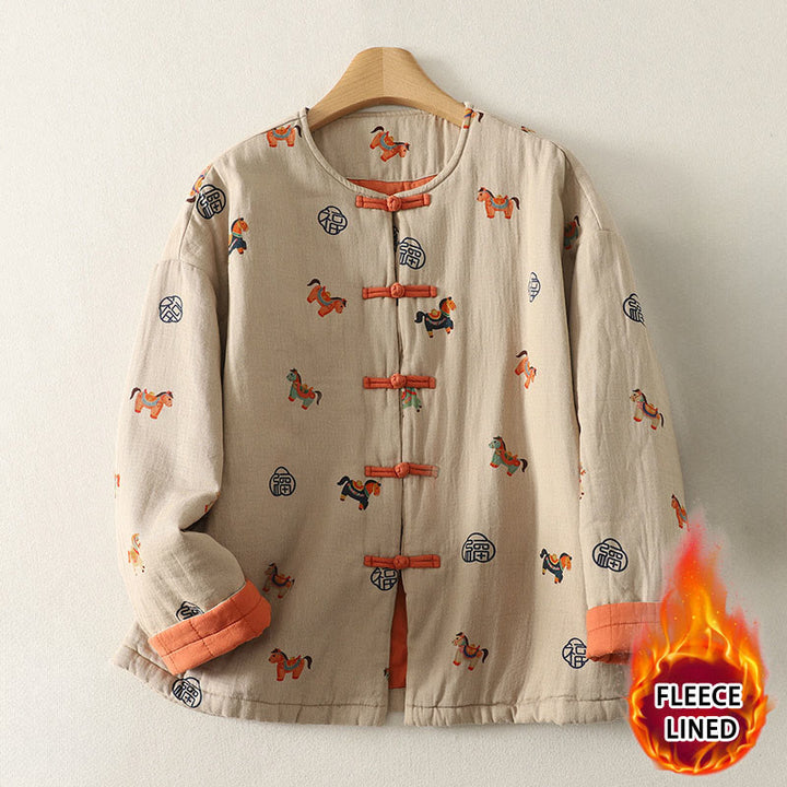 Damen-Baumwolljacke mit langen Ärmeln, dicker Verarbeitung, Buddha Stones -Pferd-Fu-Motiv, Froschknopf-Design - image 2