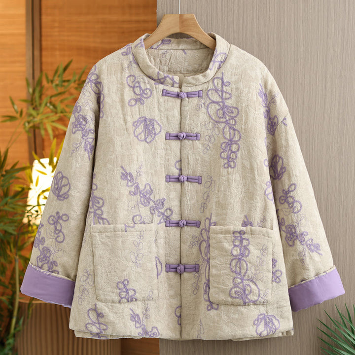 Buddha Stones Damen Winterjacke mit langen Ärmeln, Stehkragen, Froschknöpfen, Baumwollwattierung und Taschen - Mittelgroße Orchidee - US14， UK/AU18，EU46 (2XL) - image 7