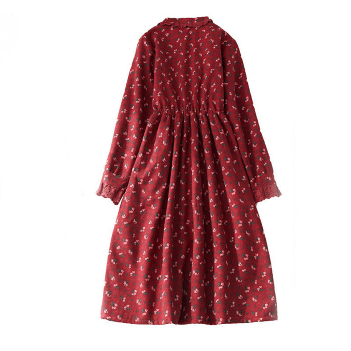 Buddha Stones, florales Spitzen-Patchwork-Design, langärmeliges Cord-Midikleid mit Taschen - image 3