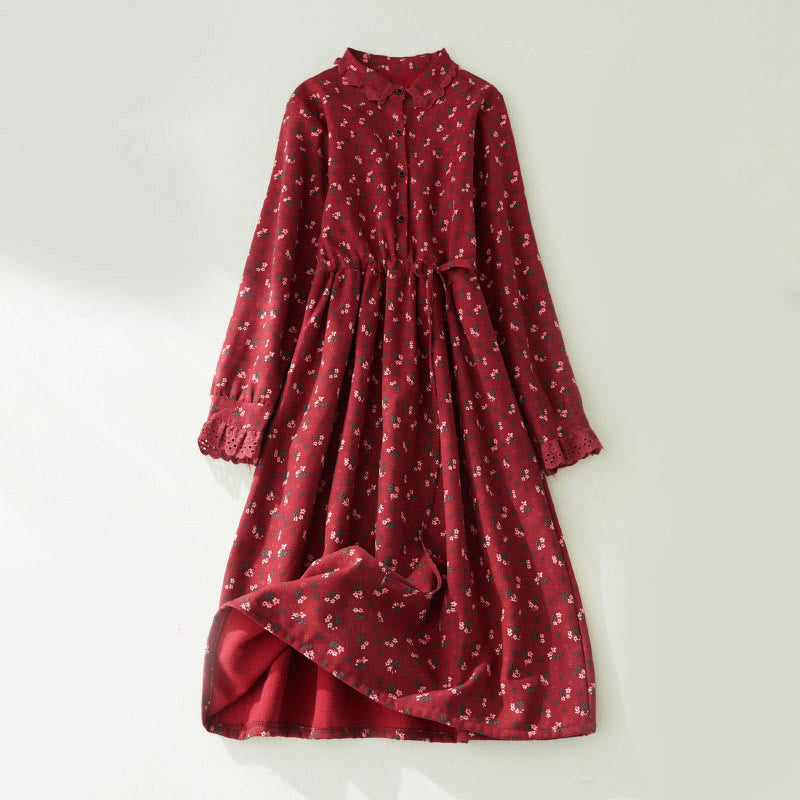 Buddha Stones, florales Spitzen-Patchwork-Design, langärmeliges Cord-Midikleid mit Taschen - Feuerfestziegel - US 8-10, UK/AU 12-14, EU 40-42 (2XL) - image 0