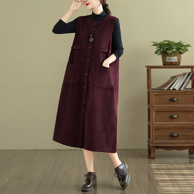 Buddha Stones – Ärmelloses Midikleid mit Knöpfen und Taschen in reiner Farbe - Dunkelrot - US8-10, UK/AU12-14, EU40-42 (2XL) - image 14