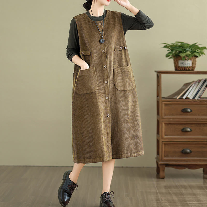 Buddha Stones – Ärmelloses Midikleid mit Knöpfen und Taschen in reiner Farbe - image 4