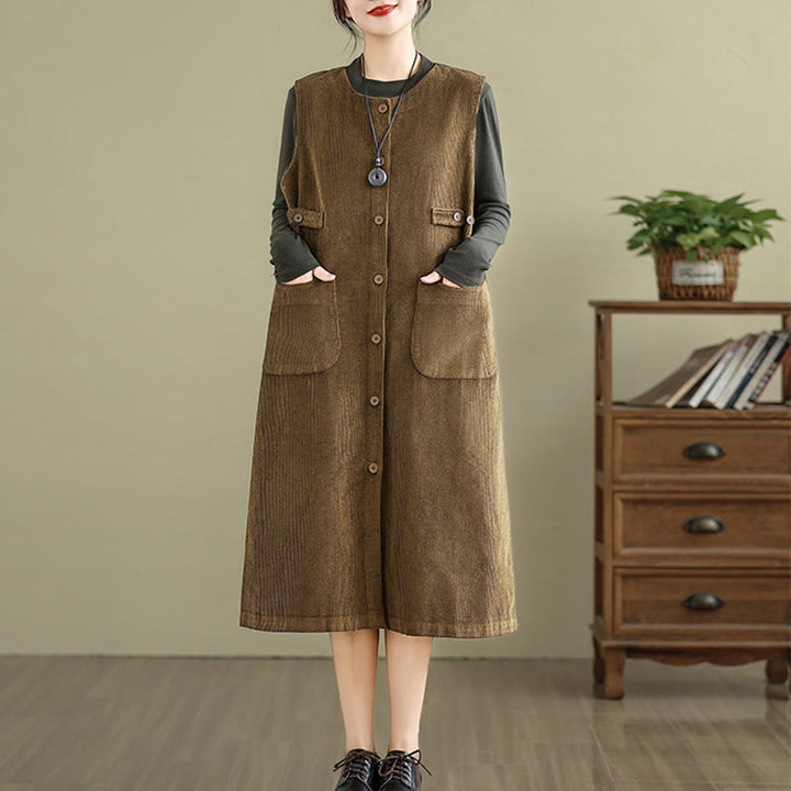 Buddha Stones – Ärmelloses Midikleid mit Knöpfen und Taschen in reiner Farbe - Sienna - US8-10, UK/AU12-14, EU40-42 (2XL) - image 0