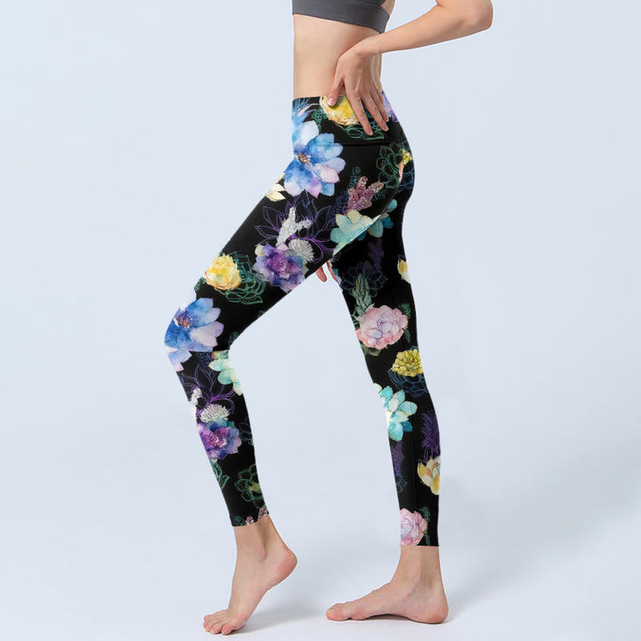 Buddha Stones Leggings mit farbenfrohem Blumenmuster im Aquarellstil, Damen-Yogahose - image 2