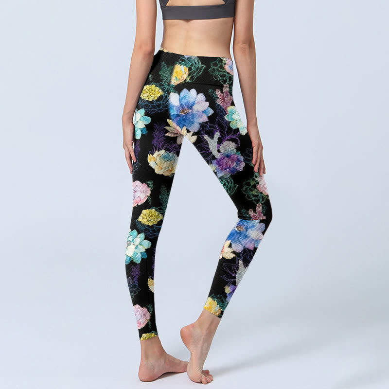 Buddha Stones Leggings mit farbenfrohem Blumenmuster im Aquarellstil, Damen-Yogahose - image 4