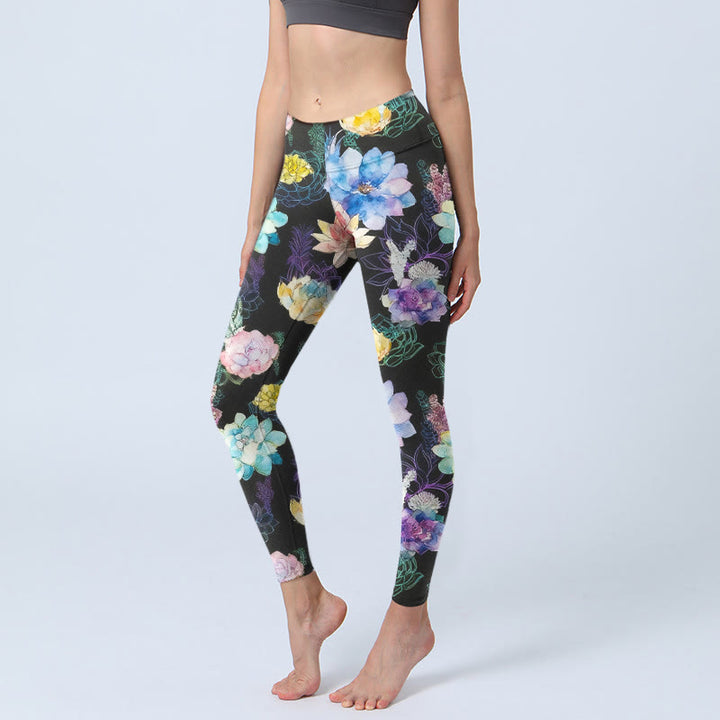 Buddha Stones Leggings mit farbenfrohem Blumenmuster im Aquarellstil, Damen-Yogahose - Schwarz - US18, UK/AU22, EU50 (4XL) - image 0