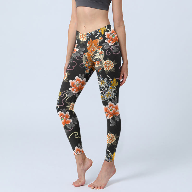 Buddha Stones Leggings mit Koi-Fisch-Pfingstrosen-Chrysanthemen-Wolken-Muster, Damen-Yogahosen - Schwarz - US18, UK/AU22, EU50 (4XL) - image 0