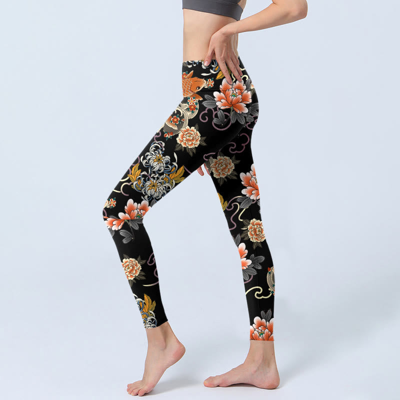 Buddha Stones Leggings mit Koi-Fisch-Pfingstrosen-Chrysanthemen-Wolken-Muster, Damen-Yogahosen - image 2