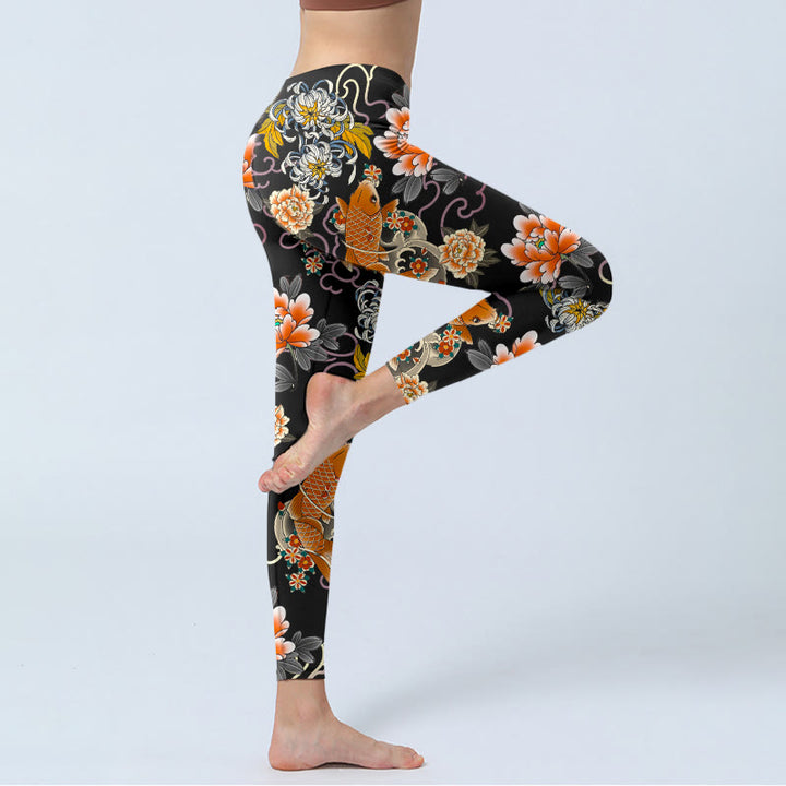 Buddha Stones Leggings mit Koi-Fisch-Pfingstrosen-Chrysanthemen-Wolken-Muster, Damen-Yogahosen - image 3