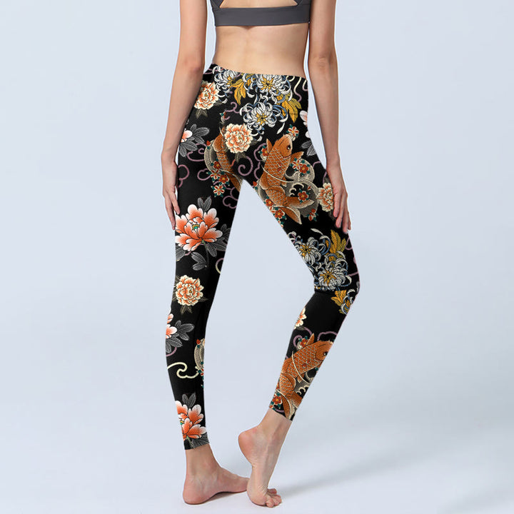 Buddha Stones Leggings mit Koi-Fisch-Pfingstrosen-Chrysanthemen-Wolken-Muster, Damen-Yogahosen - image 4