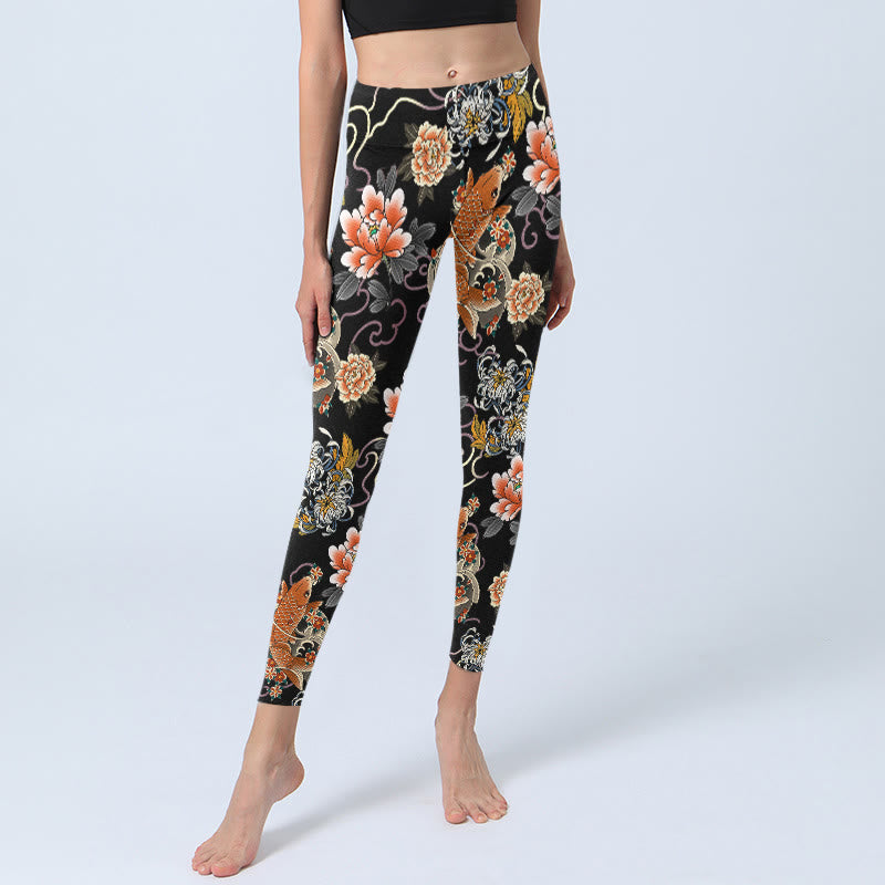 Buddha Stones Leggings mit Koi-Fisch-Pfingstrosen-Chrysanthemen-Wolken-Muster, Damen-Yogahosen - image 5