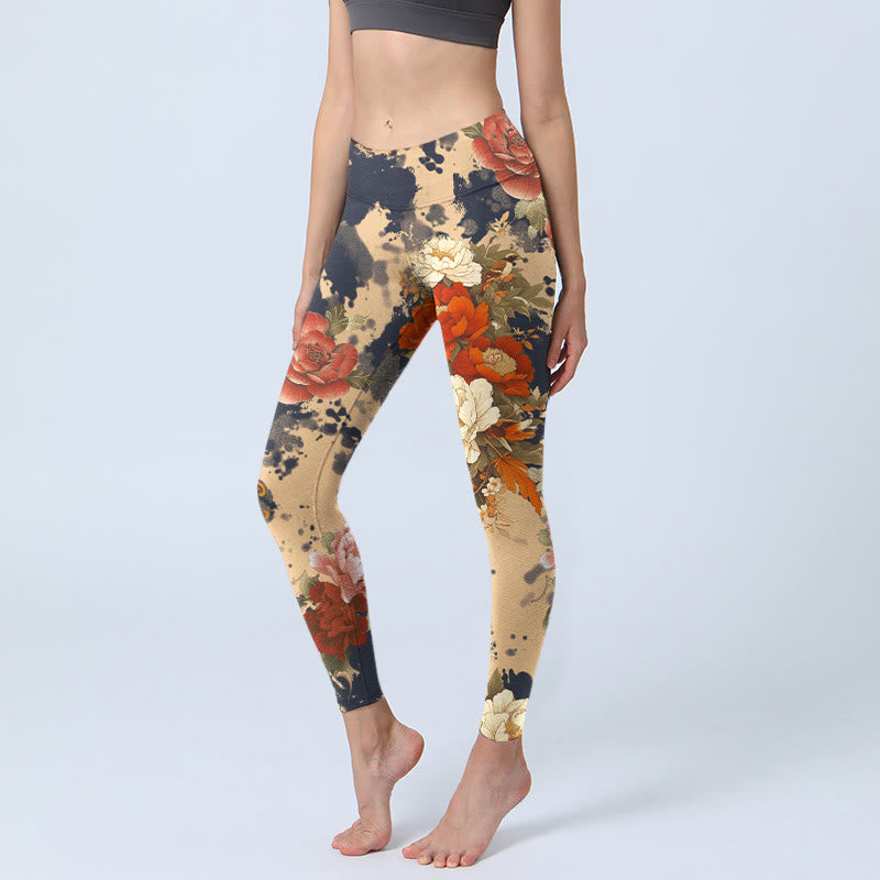 Buddha Stones Leggings mit Pfingstrosen- und Chrysanthemenmuster im Stil einer Tuschemalerei – Damen-Yogahose - Weizen - US18, UK/AU22, EU50 (4XL) - image 0