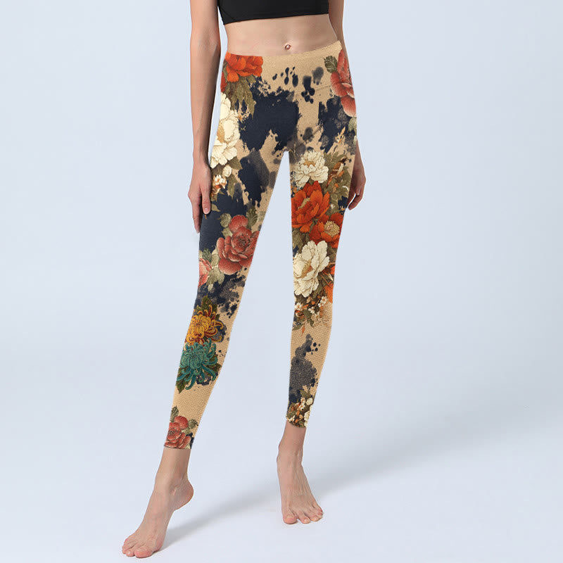 Buddha Stones Leggings mit Pfingstrosen- und Chrysanthemenmuster im Stil einer Tuschemalerei – Damen-Yogahose - image 5
