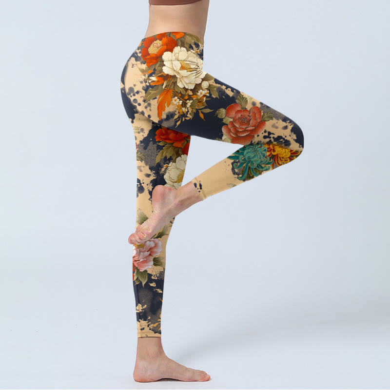Buddha Stones Leggings mit Pfingstrosen- und Chrysanthemenmuster im Stil einer Tuschemalerei – Damen-Yogahose - image 3