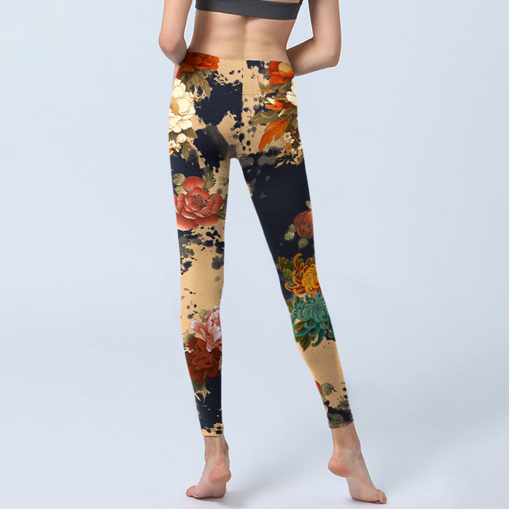 Buddha Stones Leggings mit Pfingstrosen- und Chrysanthemenmuster im Stil einer Tuschemalerei – Damen-Yogahose - image 6
