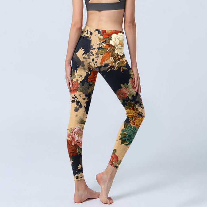 Buddha Stones Leggings mit Pfingstrosen- und Chrysanthemenmuster im Stil einer Tuschemalerei – Damen-Yogahose - image 4