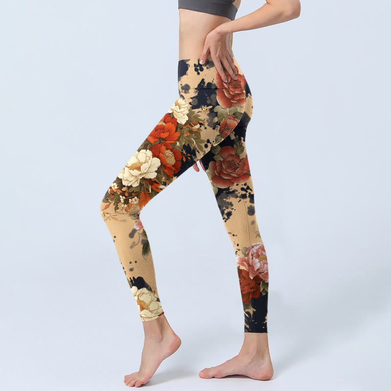 Buddha Stones Leggings mit Pfingstrosen- und Chrysanthemenmuster im Stil einer Tuschemalerei – Damen-Yogahose - image 2