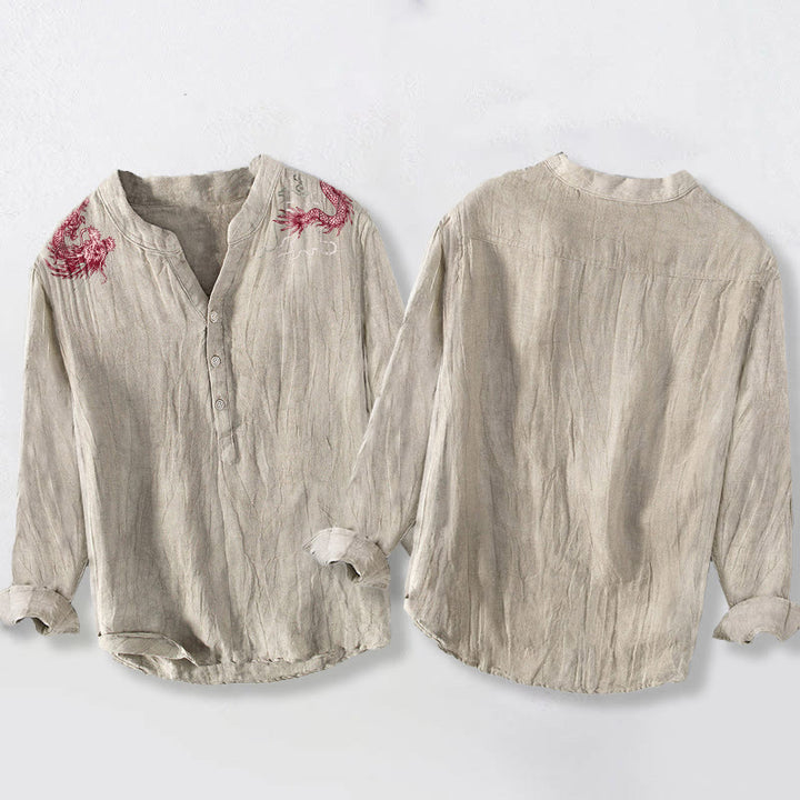 Herren-Langarmhemd aus Baumwoll-Leinen-Mischgewebe mit Buddha Stones und rotem Drachenmuster sowie halben Knöpfen. - image 8