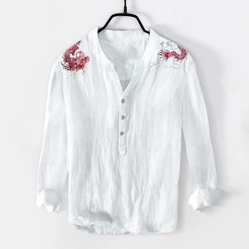 Herren-Langarmhemd aus Baumwoll-Leinen-Mischgewebe mit Buddha Stones und rotem Drachenmuster sowie halben Knöpfen. - Weiß - US/ UK/AU50, EU60 (5XL) - image 3