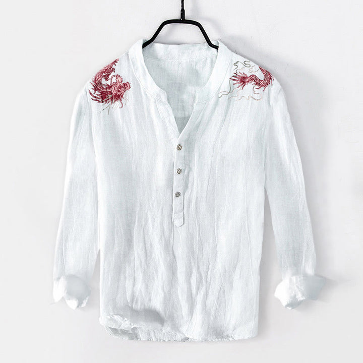 Herren-Langarmhemd aus Baumwoll-Leinen-Mischgewebe mit Buddha Stones und rotem Drachenmuster sowie halben Knöpfen. - Weiß - US/ UK/AU50, EU60 (5XL) - image 3