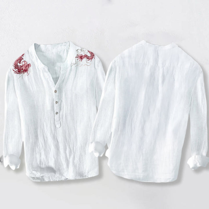 Herren-Langarmhemd aus Baumwoll-Leinen-Mischgewebe mit Buddha Stones und rotem Drachenmuster sowie halben Knöpfen. - image 5