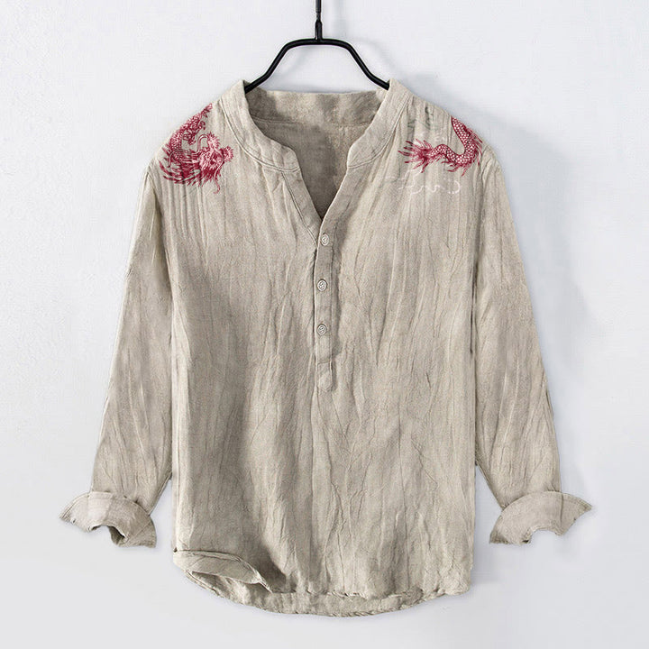 Herren-Langarmhemd aus Baumwoll-Leinen-Mischgewebe mit Buddha Stones und rotem Drachenmuster sowie halben Knöpfen. - Leinen - US/ UK/AU50, EU60 (5XL) - image 6