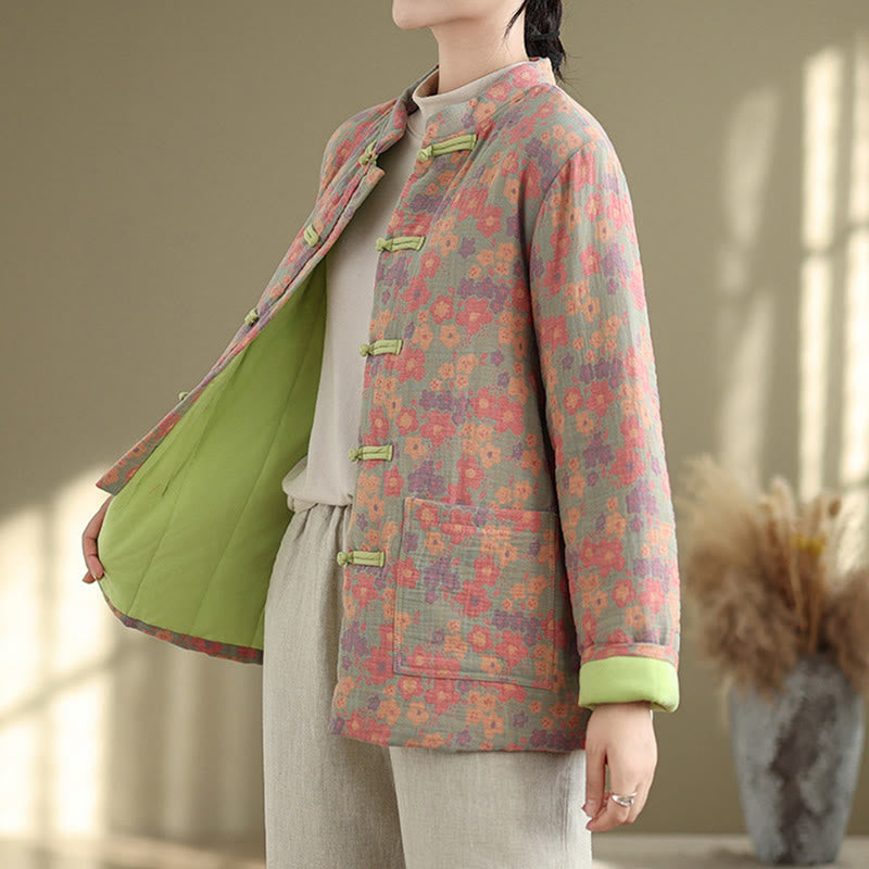 Buddha Stones Damen Winterjacke aus dicker Baumwolle mit Blumenmuster, langen Ärmeln und Taschen - image 2