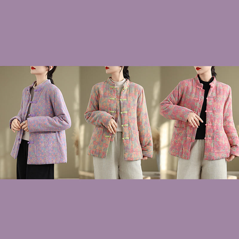 Buddha Stones Damen Winterjacke aus dicker Baumwolle mit Blumenmuster, langen Ärmeln und Taschen - image 27