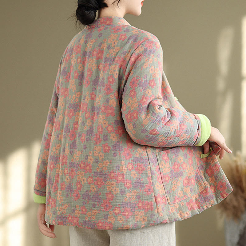 Buddha Stones Damen Winterjacke aus dicker Baumwolle mit Blumenmuster, langen Ärmeln und Taschen - image 5