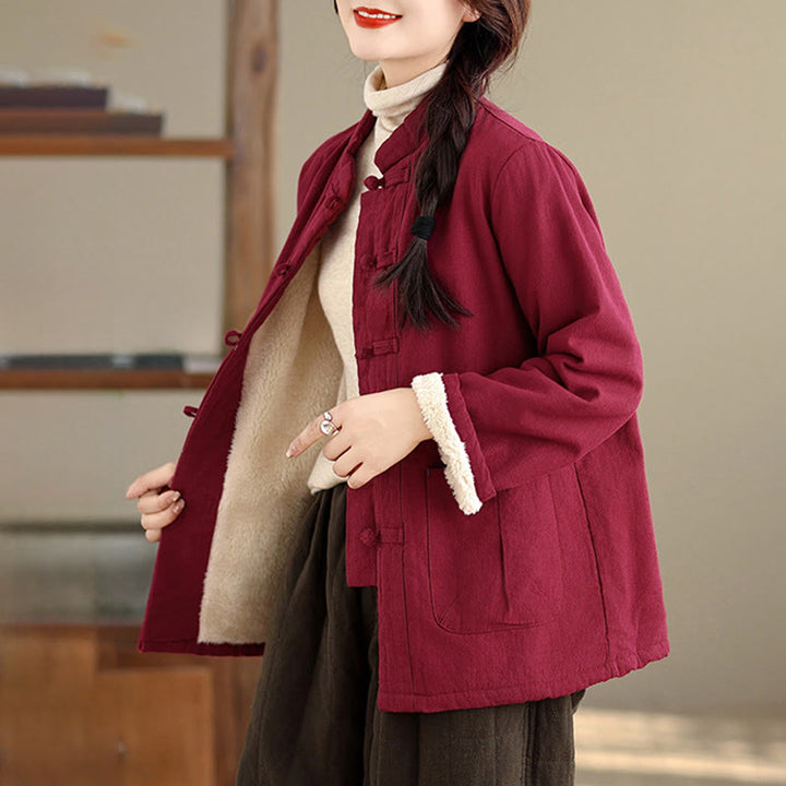 Buddha Stones Damen-Thermojacke mit langen Ärmeln, schlichtem Baumwollfutter, Knöpfen und Taschen - image 2