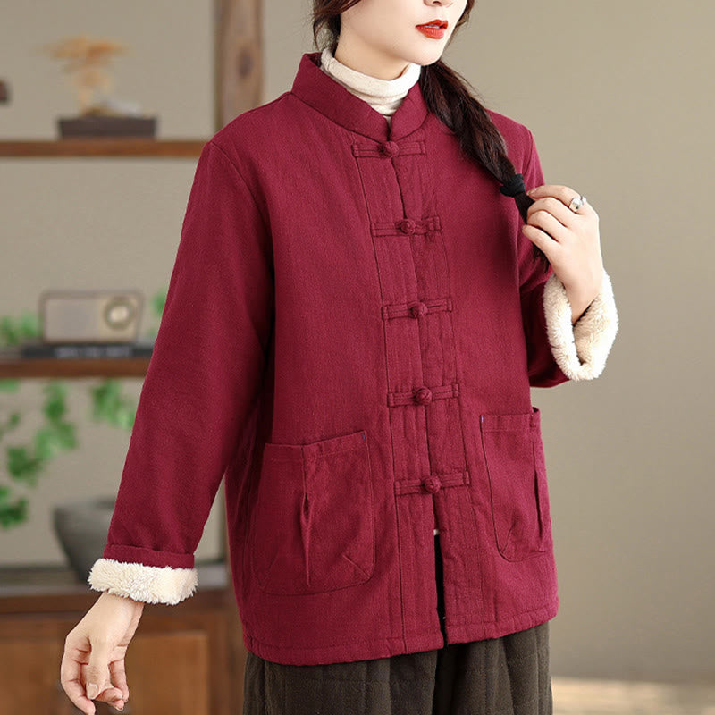 Buddha Stones Damen-Thermojacke mit langen Ärmeln, schlichtem Baumwollfutter, Knöpfen und Taschen - image 6