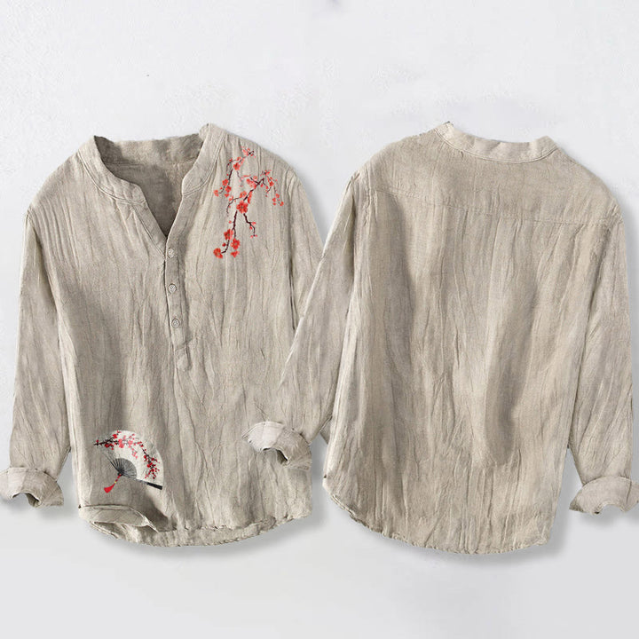 Herren-Langarmhemd aus Baumwoll-Leinen-Mischgewebe mit Buddha Stones und Pflaumenblütenmuster, Fächerdesign und halben Knöpfen. - image 2