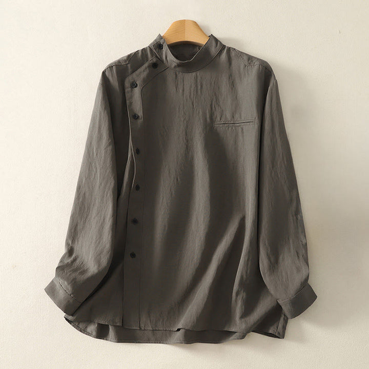 Buddha Stones -Herbstkragen, chinesische Froschknopfleiste, schlichtes Design, langärmeliges Damen-Baumwollhemd - Dunkelgrau - US 8-10, UK/AU 12-14, EU 40-42 (2XL) - image 0