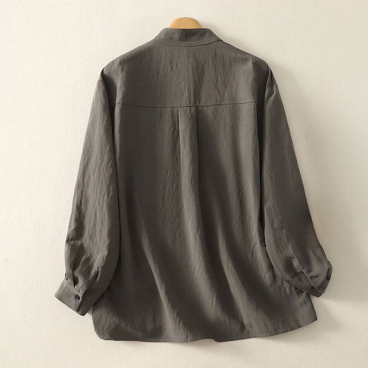 Buddha Stones -Herbstkragen, chinesische Froschknopfleiste, schlichtes Design, langärmeliges Damen-Baumwollhemd - image 1