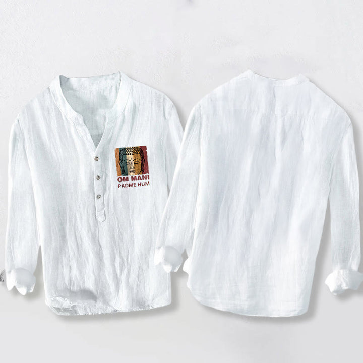 Buddha Stones ​​OM MANI PADME HUM Buddha-Muster Halbknöpfe Herren Baumwoll-Leinen Langarmhemd - image 8