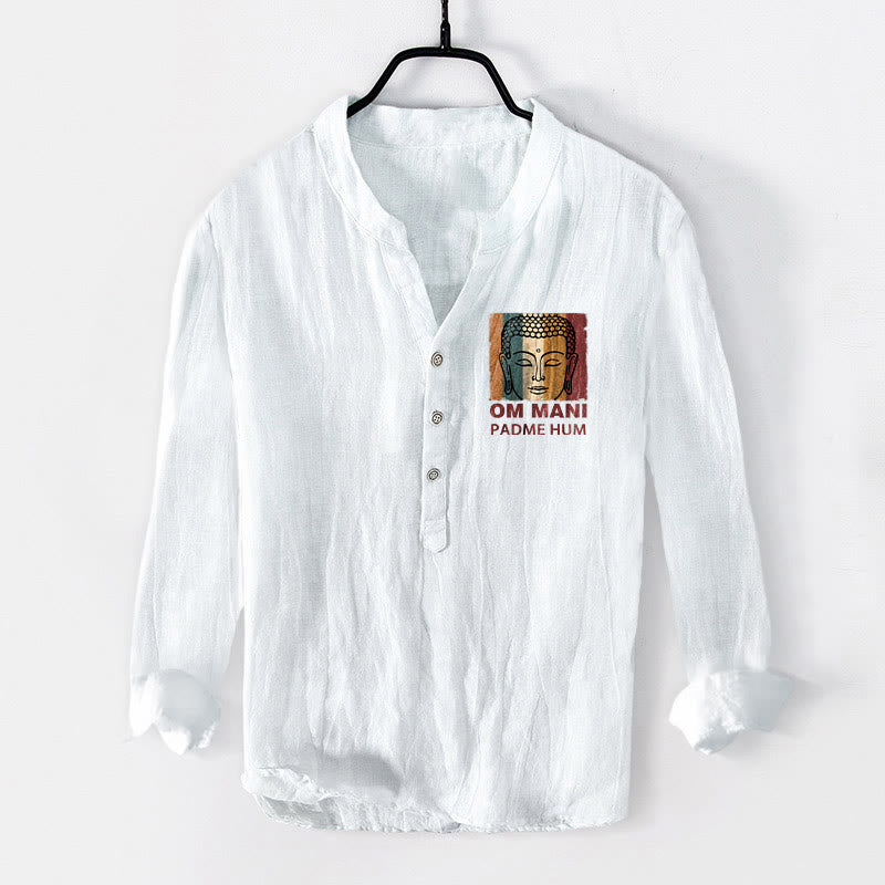 Buddha Stones ​​OM MANI PADME HUM Buddha-Muster Halbknöpfe Herren Baumwoll-Leinen Langarmhemd - Weiß - US/ UK/AU50, EU60 (5XL) - image 6